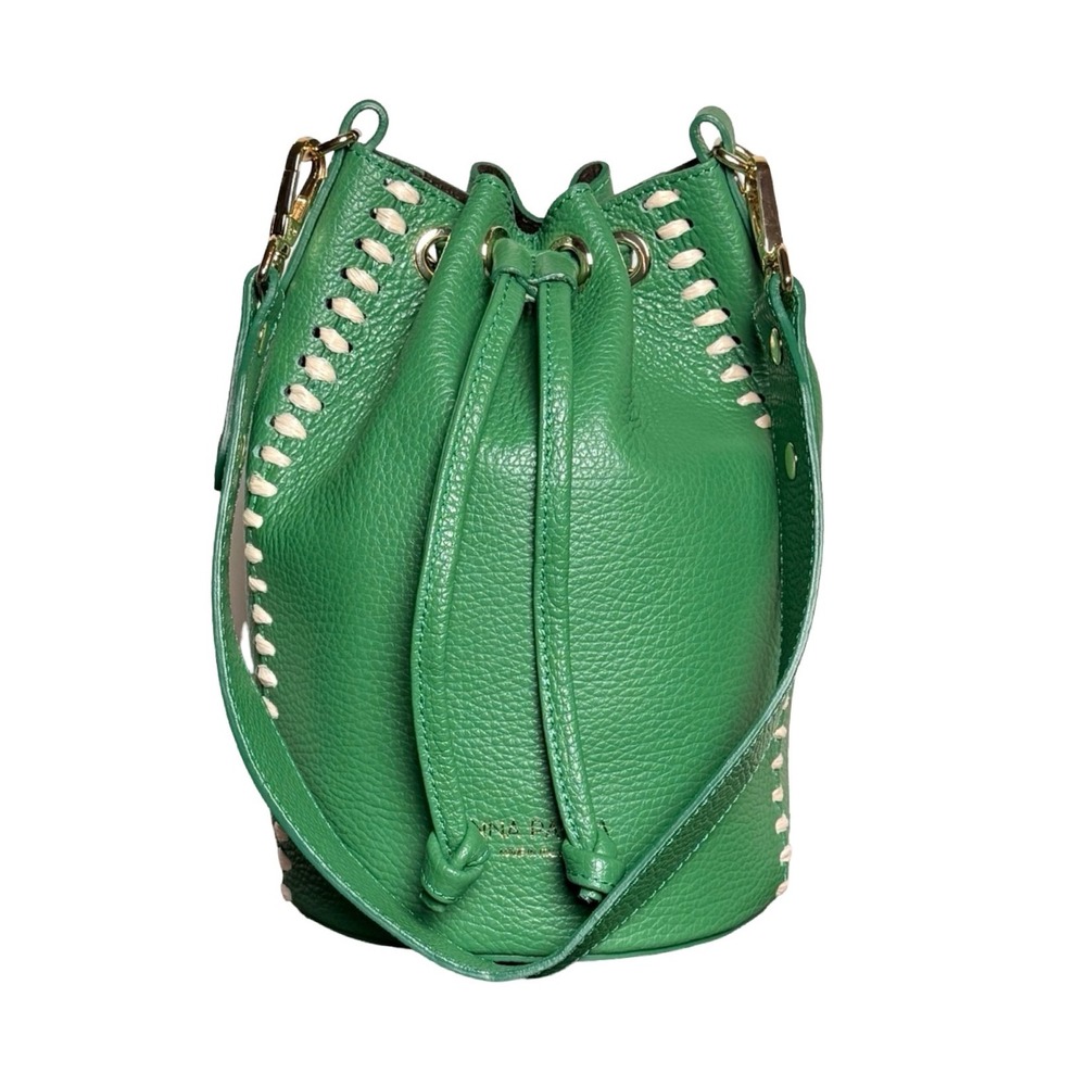 Green Pebbled Leather Drawstring Shoulder Bag with Contrast Stitching